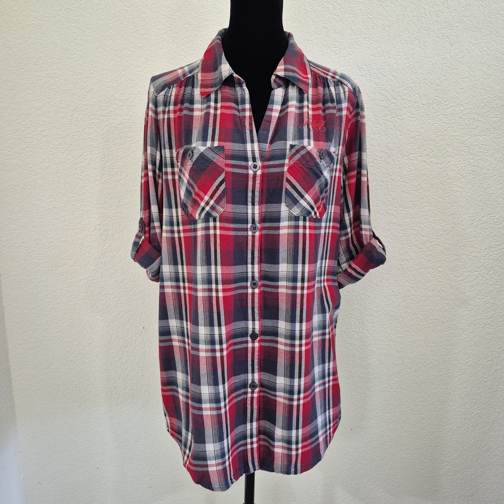 rag & bone Red and Gray Plaid Button-Down Shirt with Rolled Sleeves